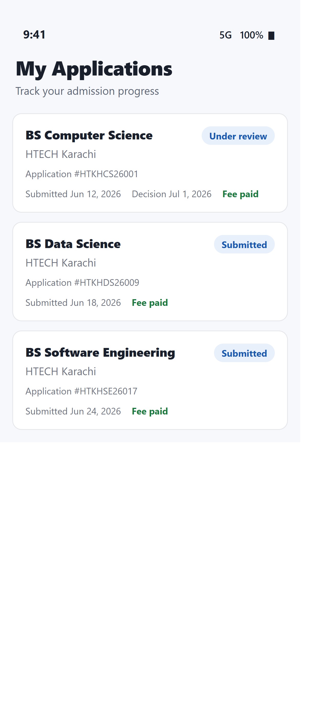 Tracking admission applications in the mobile app