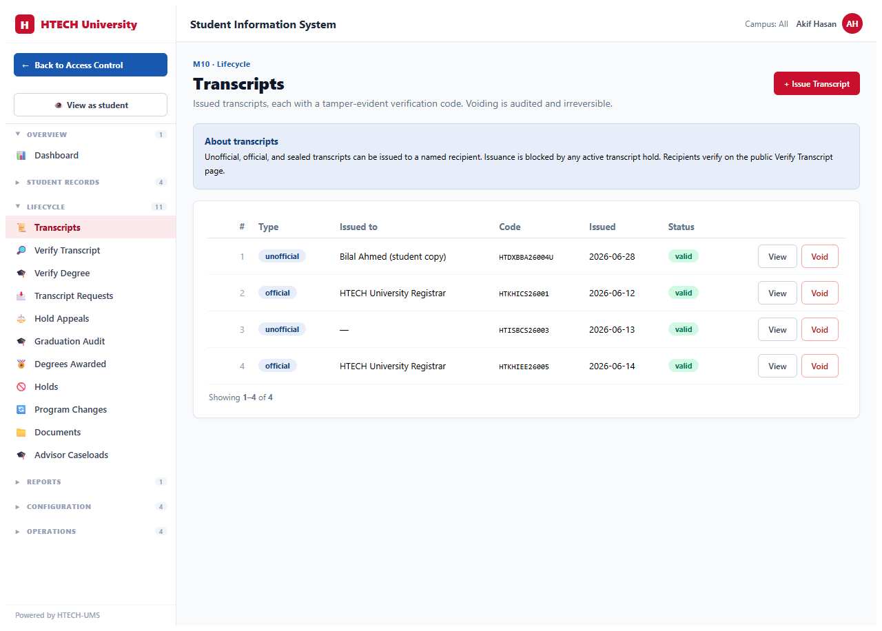 Student Information System — transcripts